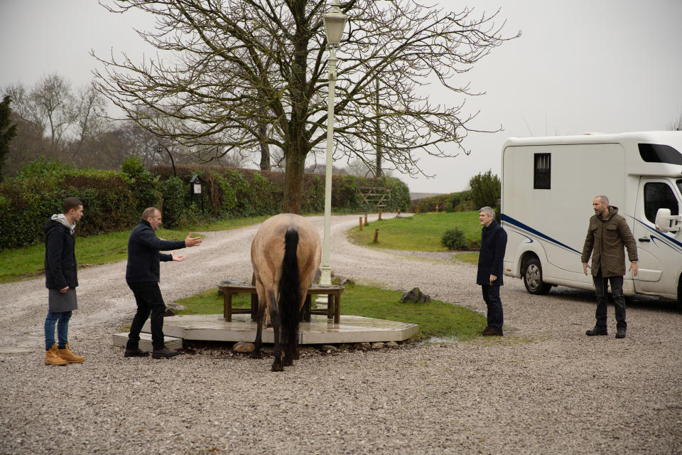FROM ITV

STRICT EMBARGO
Print media - No Use Before Tuesday 7th February 2023
Online Media - No Use Before 0700hrs Tuesday 7th February 2023

Emmerdale - Ep 9603.04

Thursday 16th February 2023

Will Taylor [DEAN ANDREWS] is shocked when an escaped Apollo, the new stud horse, charges down Main Street. Heâ€™s unaware Cain Dingle [JEFF HORDLEY], wanting revenge on Will for the altercation about Kyle the other day, unlocked the gate to Apolloâ€™s horse stall. Watching from afar, Cain feasts on Willâ€™s despair; heâ€™s out of his depth trying to control the horse.. Suddenly, Caleb [WILL ASH] and Sam Dingle [JAMES HOOTON] arrive with a horse box to deal with the situation, as Caleb makes his disdain for Will clear. Cain watches on, thrilled to see Will humbled and meek from the chaosâ€¦ 

Picture contact - David.crook@itv.com

Photographer - Mark Bruce

This photograph is (C) ITV and can only be reproduced for editorial purposes directly in connection with the programme or event mentioned above, or ITV plc. This photograph must not be manipulated [excluding basic cropping] in a manner which alters the visual appearance of the person photographed deemed detrimental or inappropriate by ITV plc Picture Desk. This photograph must not be syndicated to any other company, publication or website, or permanently archived, without the express written permission of ITV Picture Desk. Full Terms and conditions are available on the website www.itv.com/presscentre/itvpictures/terms
