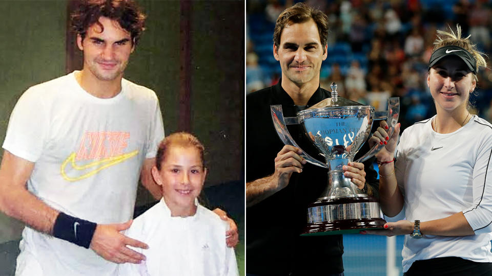 Roger Federer and Belinda Bencic, then and now. Image: Twitter/Getty