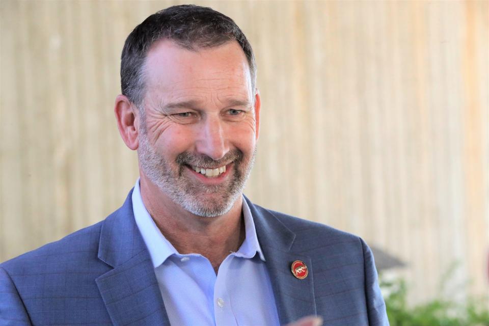 Republican state Sen. Brian Dahle of Bieber announces his candidacy for California governor on Feb. 8 on the lawn of the Redding Civic Auditorium. Dahle is one of the first Republicans to publicly challenge Democratic Gov. Gavin Newsom since his decisive victory in a recall election just five months ago.