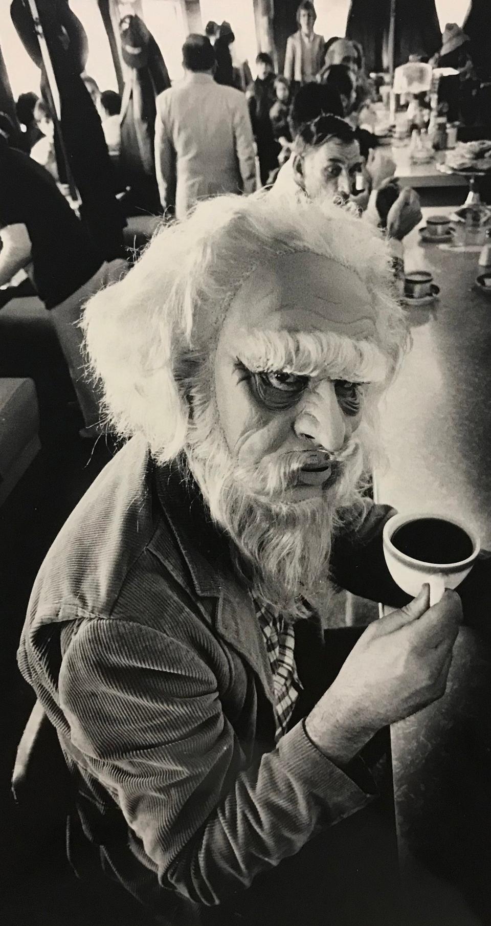 Bob Wilson, of Elkton, Md., came to Newark to do some shopping. Obviously, he didn't need a Halloween costume when he stopped for a cup of coffee at Jimmy's Diner in this undated photograph.