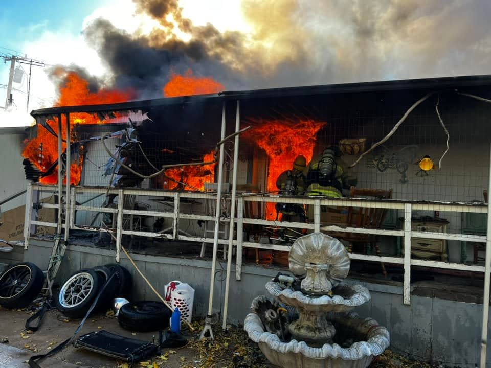 A family evacuated safely on Sunday as fire swept through their mobile home located at Hesperia Mobile Estates off Arrowhead Lake Road.