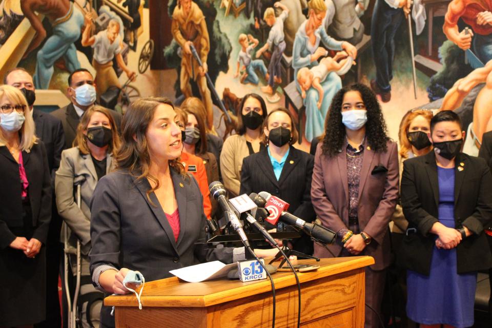 House Minority Leader Crystal Quade, a Springfield Democrat, and the House Democratic Caucus speak to reporters at the Missouri State Capitol in Jefferson City on Jan. 5, 2022.