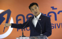 Former leader of the dissolved Future Forward Party, Thanathorn Juangroongruangkit, speaks during a press conference in Bangkok, Thailand, Thursday, Jan. 21, 2021. Thanathorn was charged with defaming Thailand’s monarchy by questioning the government’s procurement of COVID-19 vaccines is standing by his comments and saying the nation deserves more transparency. (AP Photo/Sakchai Lalit)