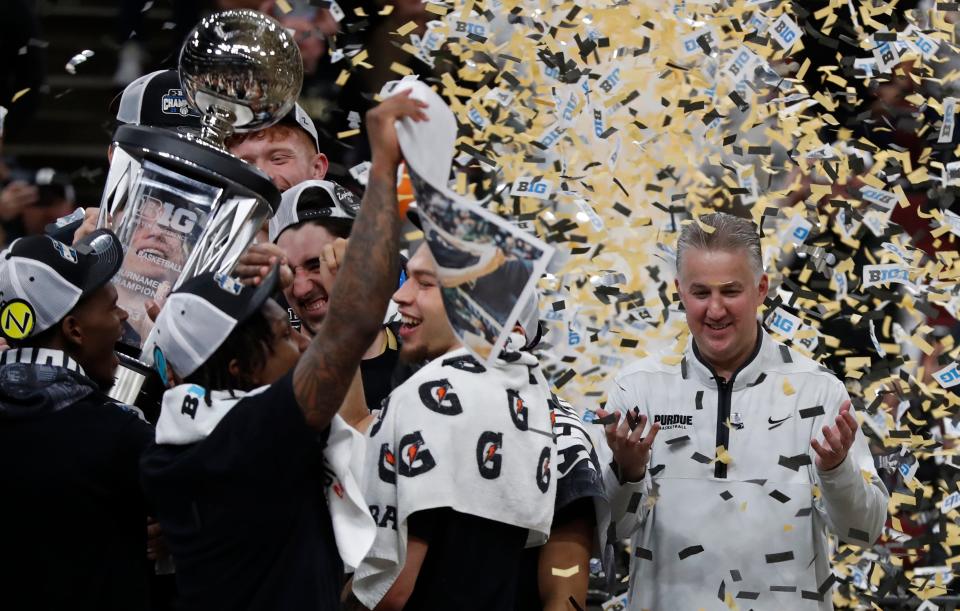 Purdue Boilermakers celebrates after winning the Big Ten Men’s Basketball Tournament Championship game against the Penn State Nittany Lions, Sunday, March 12, 2023, at United Center in Chicago. Purdue won 67-65.