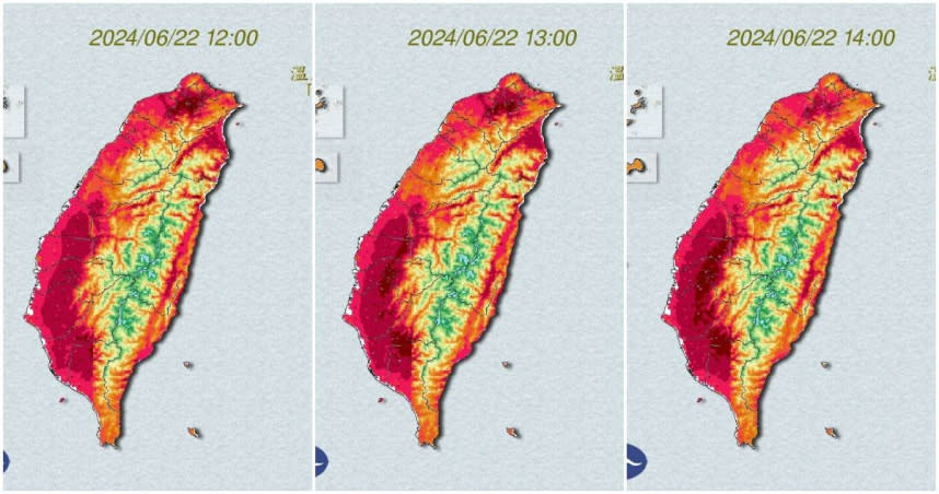 今(22日)各地炎熱，中央氣象署下午13時針對16縣市發布36到38度的高溫資訊，氣象署官網上顯示的溫度分布圖也是全台一片紅彤彤。（圖／翻攝中央氣象署官網）