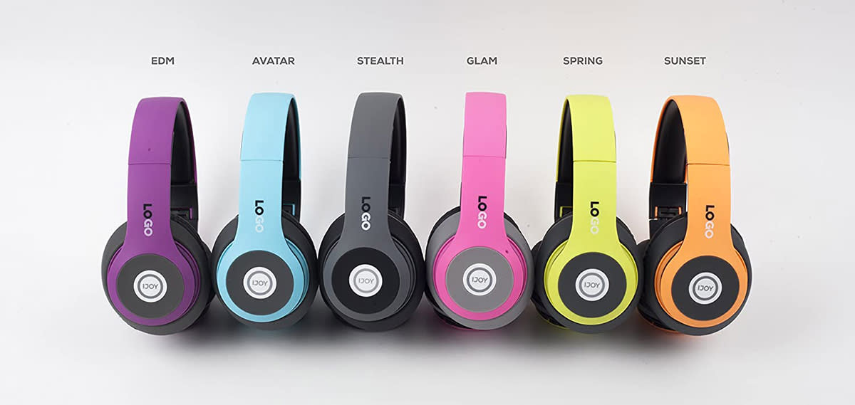 Row of headphones in assorted bright colors