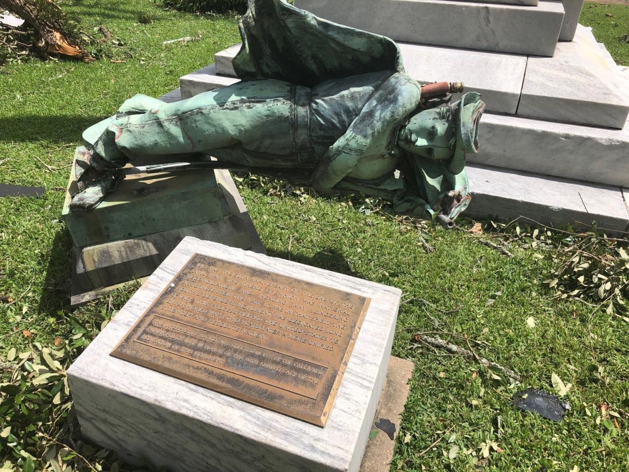 Earlier this month, parish officials voted to keep this statue, called The South’s Defenders Monument, in its place. Hurricane Laura had other ideas.