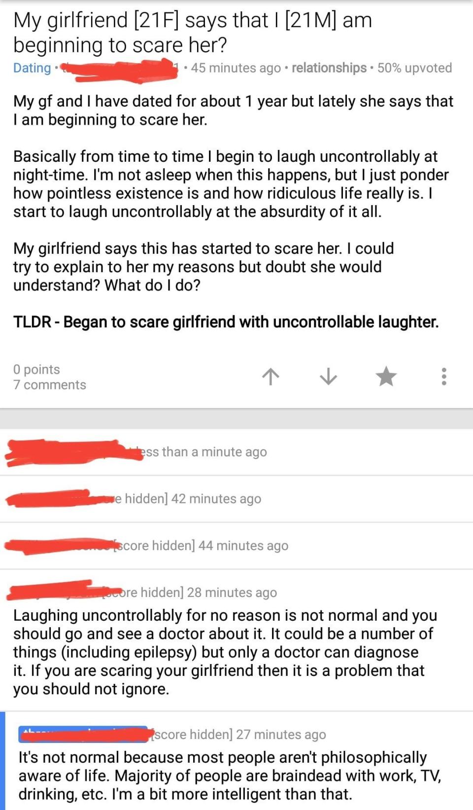 The image contains a Reddit post where a user shares concerns about uncontrollable laughter in serious situations and seeks advice