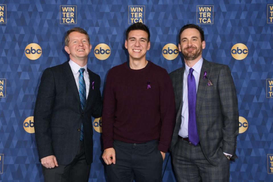 The three highest-earning Jeopardy! contestants of all time Ken Jennings (L), Brad Rutter (R) and James Holzhauer attend ABC’s Winter TCA 2020 Press Tour in Pasadena, California, on January 8, 2020. (Photo by VALERIE MACON / AFP) (Photo by VALERIE MACON/AFP via Getty Images)