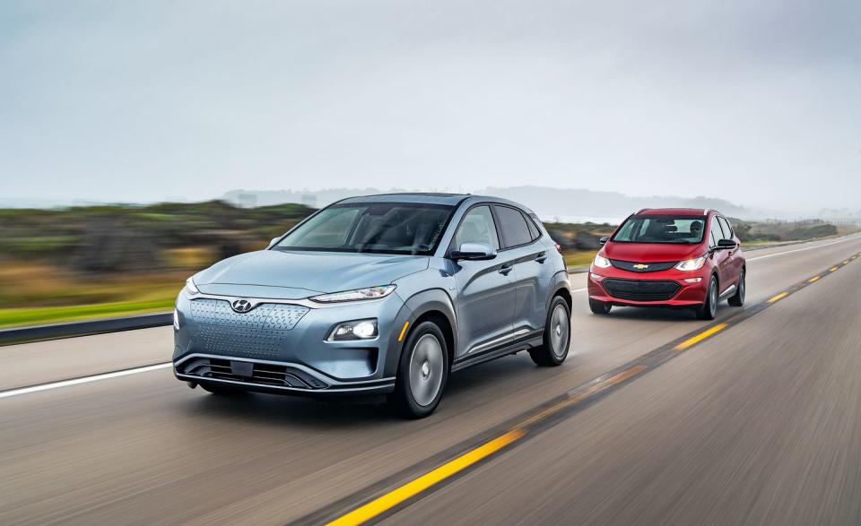 <p>Currently there are just two EVs that sticker below $40,000 and boast battery packs large enough to allow driving in excess of 200 miles on a charge, although a third will go on sale soon. The Hyundai Kona Electric arrived early this year and, alongside its gas-powered variants, made our 2019 10Best Trucks and SUVs list. Its starting price of $37,495 matches the Chevrolet Bolt EV's, which was a 10Best car in 2017 before it had any competition.</p>