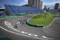 Vineta Petersone of Latvia takes the first bend during a BMX Racing training session at the 2020 Summer Olympics, Tuesday, July 27, 2021, in Tokyo, Japan. (AP Photo/Ben Curtis)