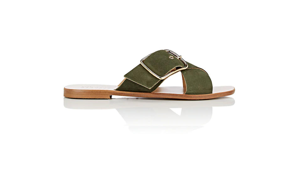 Barneys New York Suede Crisscross-Strap Slide Sandals (Photo: Barney’s Warehouse)