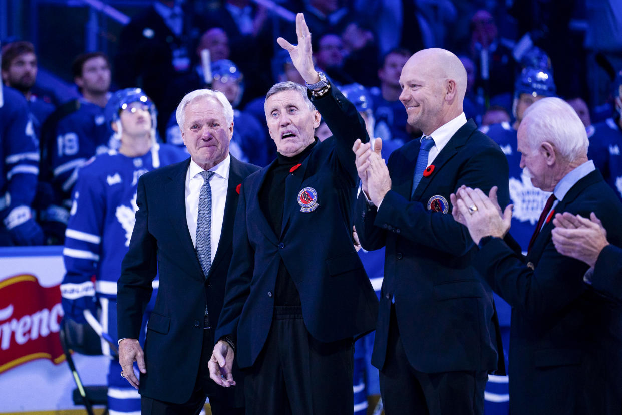 TORONTO, ON - NOVEMBER 11: Hockey Hall of Fame member and former Toronto Maple Leafs Börje Salming waves to the crowd before the Class of 2022 is introduced at the Scotiabank Arena on November 11, 2022 in Toronto, Ontario, Canada. The Toronto Maple Leafs face the Pittsburgh Penguins. (Photo by Mark Blinch/NHLI via Getty Images)