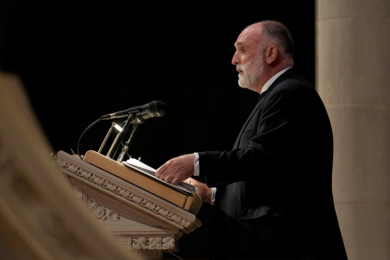 José Andrés paid tribute to seven aid workers killed in an Israeli military strike on Gaza at a memorial service at the National Cathedral in Washington, D.C., on April 25, 2024.