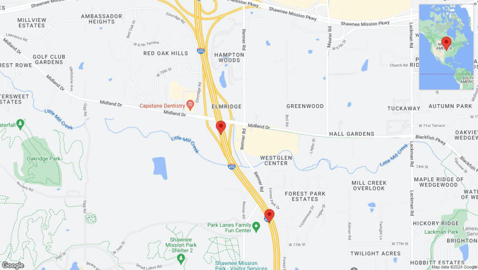 A detailed map that shows the affected road due to 'Lane on I-435 closed in Shawnee' on July 16th at 6:20 p.m.