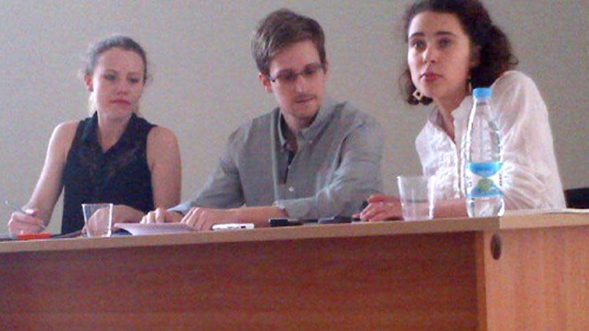 Edward Snowden meets with representatives of human rights groups and Russian officials at Moscow's Sheremetyevo International Airport in July 2013. (Photo: Tanya Lokshina/Human Rights Watch)