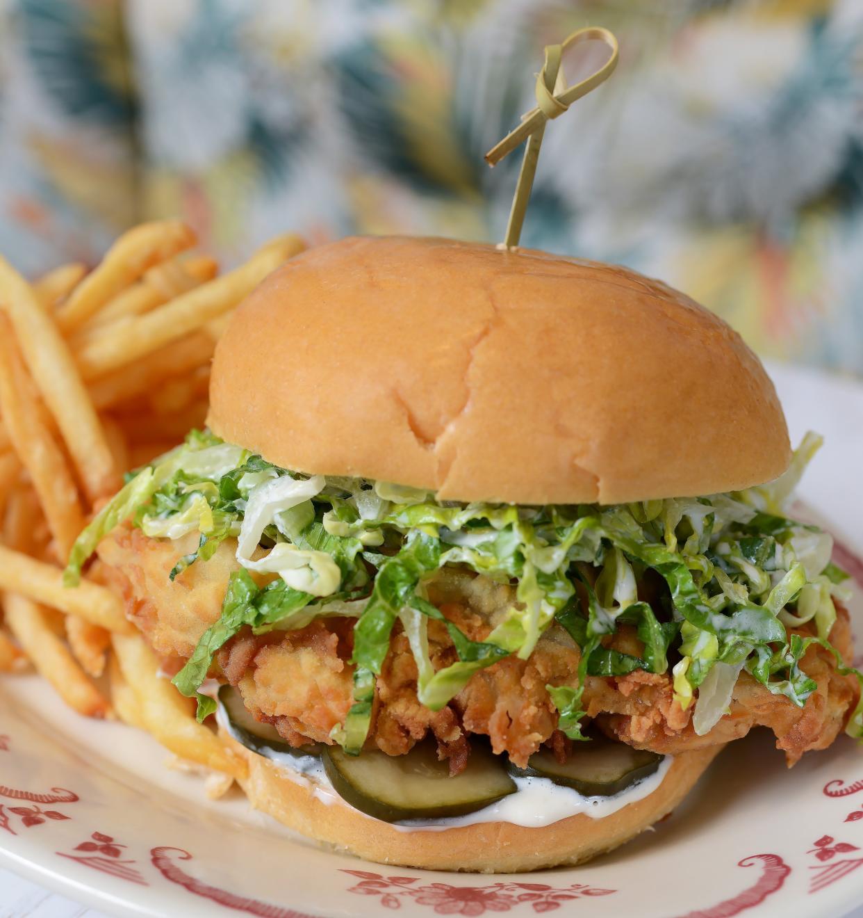 A crispy chicken sandwich at Chef Lindsay Autry's Honeybelle restaurant at PGA National Resort in Palm Beach Gardens.