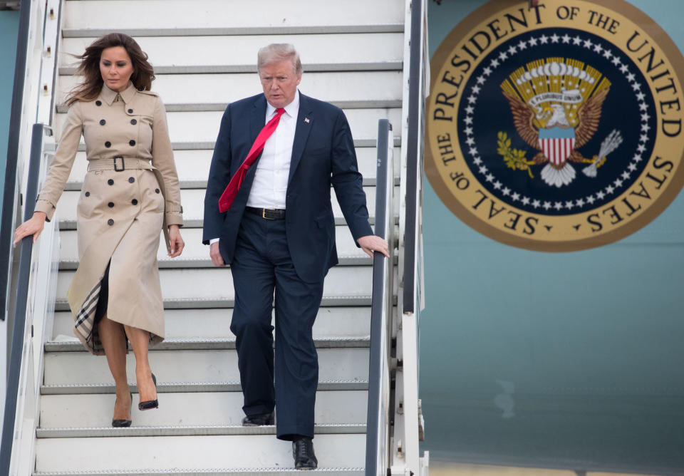 The first lady wore Louboutin heels once again. (Photo: Benoit Doppagne/AFP/Getty Images)