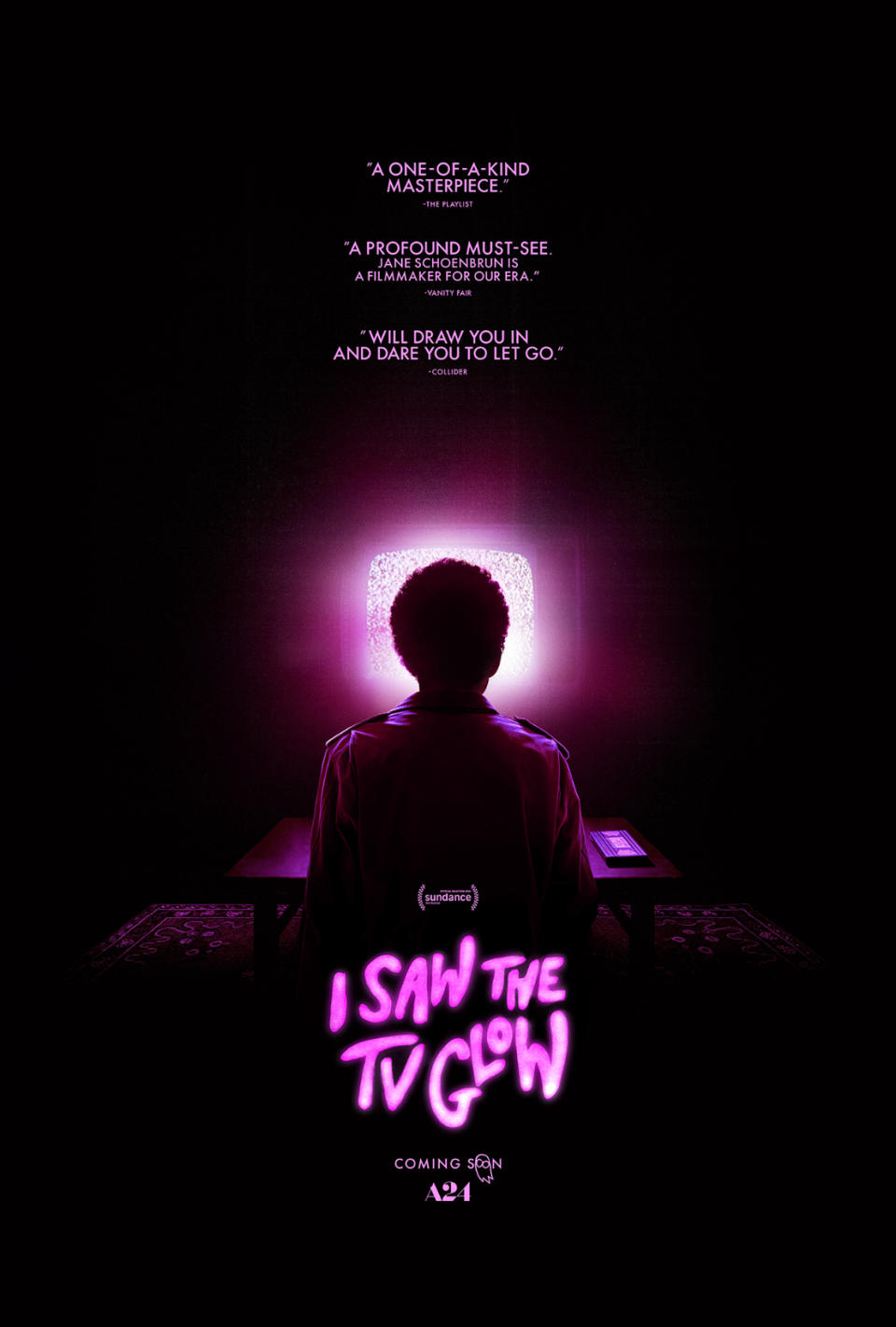 Movie poster featuring a silhouette of a person sitting, facing a glowing screen, with the title "I Saw The TV Glow"