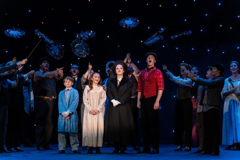 Adrian Stukey as Michael, Sophia Bernard as Jane, Amber Woollcott as Mary, and Shonn Wiley as Bert are pictured in a scene from “Mary Poppins” at the Croswell Opera House.