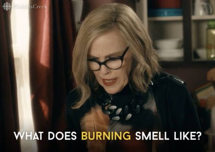 Moira from "Schitt's Creek" saying, "What does burning smell like?"