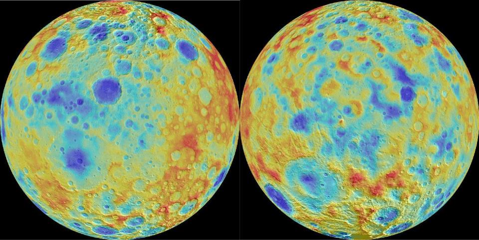 Strange Ceres: New work suggests that surprising carbonate salts put the shine in the bright spots on the dwarf planet's Occator crater. Researchers also found that Ceres' topography, pictured here, is only con