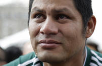 <p>Tears run down the face of a Mexico soccer fan as he watches Brazil take the lead during a live broadcast of the Russia World Cup game between Mexico and Brazil, in Mexico City’s Zocalo plaza, Monday, July 2, 2018. (AP Photo/Anthony Vazquez) </p>