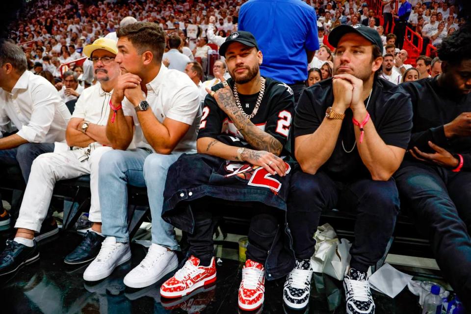 Brazilian soccer player Neymar poses as he is photographed during Game 3 of the NBA Finals between the Miami Heat and the Denver Nuggets at the Kaseya Center on Wednesday, June 7, 2023, in Miami, Fla.