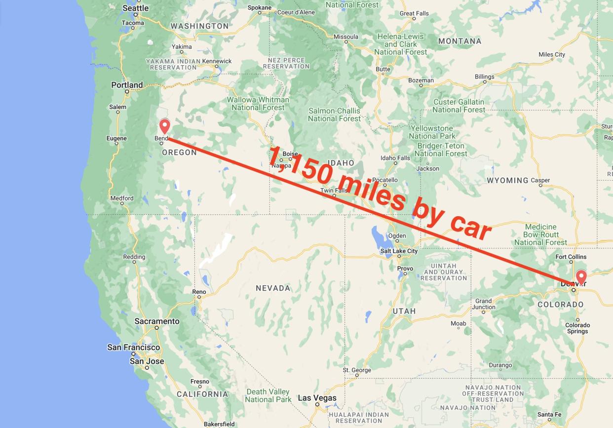 Map showing the distance from Redmond, Oregon to Denver International Airport.