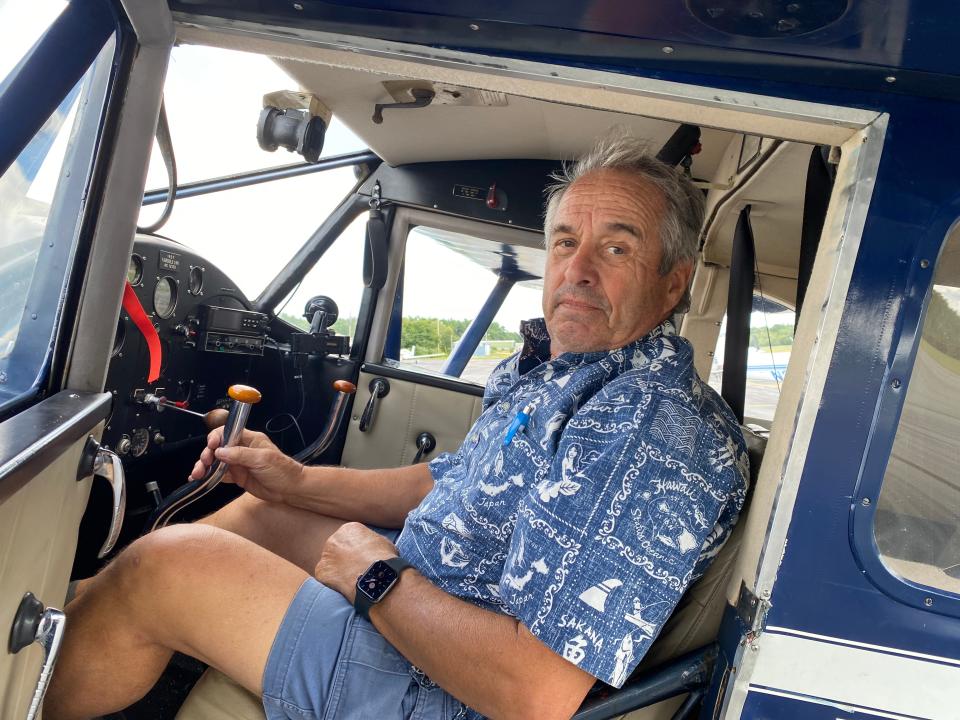 Chuck Wright, in his plane on the tarmac at Taunton Municipal Airport on Wednesday, Aug. 2, 2023, is running for mayor of Taunton.