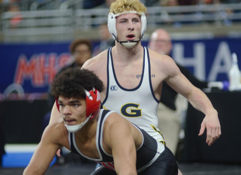 Gaylord's Louden Stradling wrestles during the MHSAA Individual State Finals on Saturday, March 4, 2023 at Ford Field in Detroit, Mich.