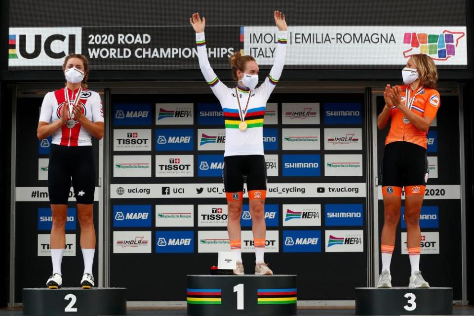 Anna van der Breggen, centre, with compatriot Ellen van Dijk, right and Switzerland’s Marlen Reusser.