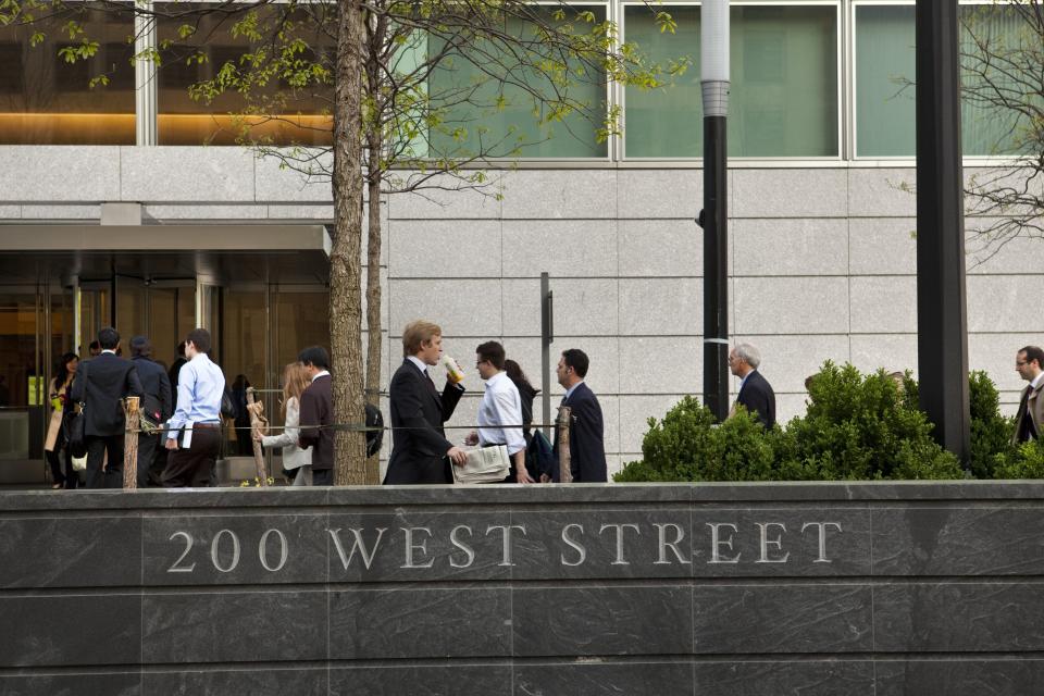 People milling about Goldman Sachs' headquarters at 200 West Street