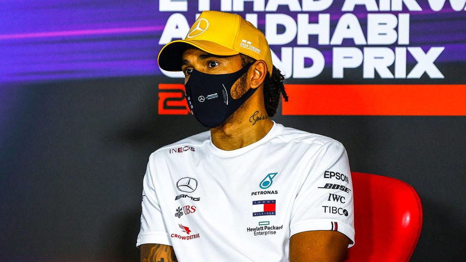 Lewis Hamilton is seen here chatting to reporters at the Abu Dhabi GP.