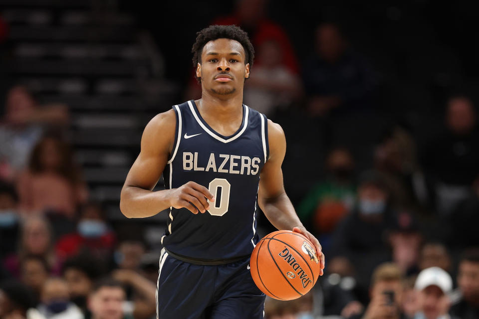 Bronny James of Sierra Canyon High School handles the ball during the Hoophall West tournament on Dec. 11, 2021 in Phoenix. (Christian Petersen/Getty Images)