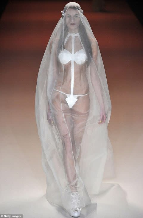 Fashion label Kaviar Gauche raised eyebrows at Berlin Fashion Week when it sent an extremely revealing wedding "outfit" on to the runway. A stunned audience watched as a bride shrouded in a head-to-toe veil strutted down the catwalk wearing only a white bra and strategically placed g-string. “Judging by its risqué nature, this is one wedding outfit bound for a beach ceremony - or more likely, confined to the privacy of the wedding night," commented the Daily Mail.