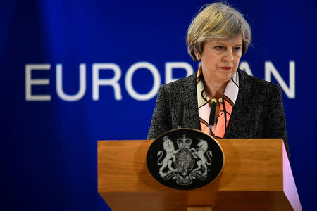 Britain's Prime Minister Theresa May attends a news conference during the EU Summit in Brussels, Belgium, March 9, 2017. REUTERS/Dylan Martinez