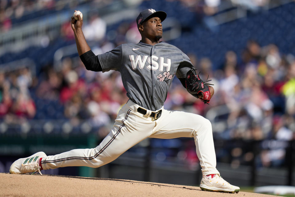 Washington Nationals starting pitcher Josiah Gray throws during the first inning of a baseball game against the Atlanta Braves at Nationals Park, Saturday, April 1, 2023, in Washington. (AP Photo/Alex Brandon)