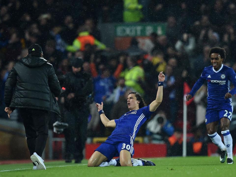 Luiz celebrates after scoring his stunning free-kick against Liverpool (Getty)