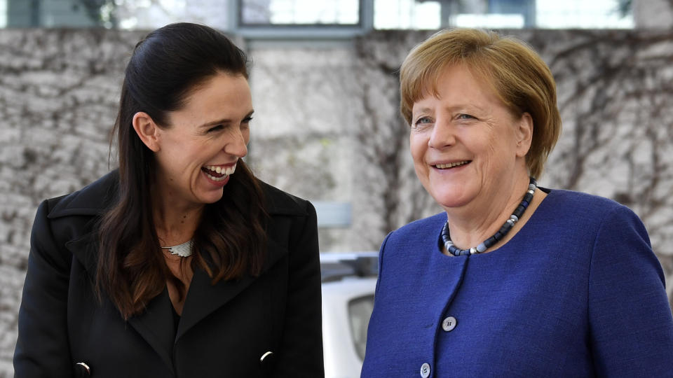 German chancellor Angela Merkel, right, with New Zealand's prime minister Jacinda Ardern in Berlin in April 2018. Photo: John Macdougall/AFP via Getty