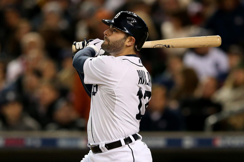 Alex Avila #13 of the Detroit Tigers hits a solo home run in the bottom of the fifth inning against the Oakland Athletics during Game One of the American League Division Series at Comerica Park on October 6, 2012 in Detroit, Michigan. (Photo by Leon Halip/Getty Images)