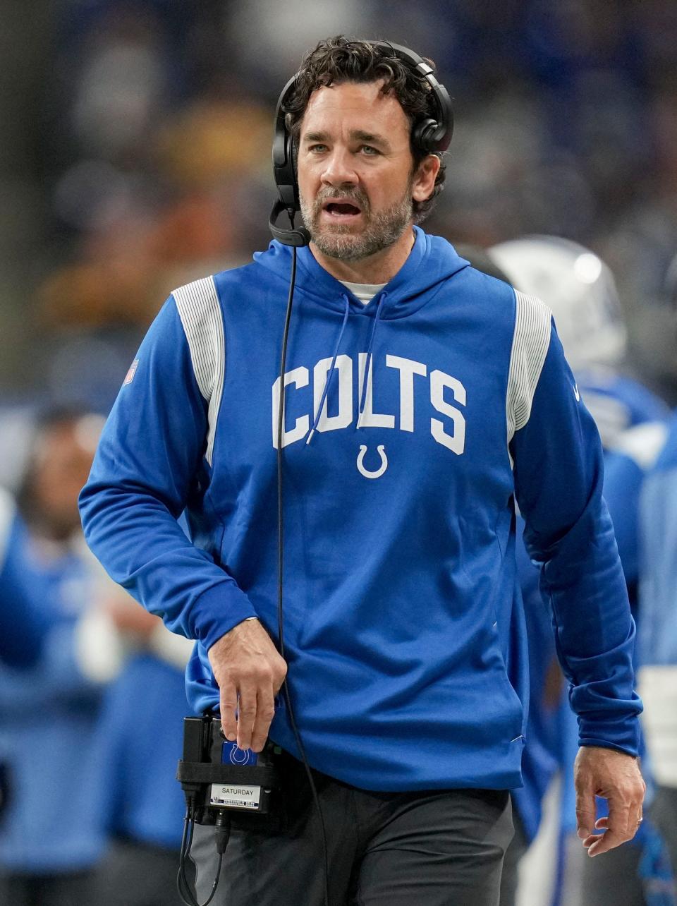 Indianapolis Colts interim head coach Jeff Saturday walks the sideline Monday, Nov. 28, 2022, during a game against the Pittsburgh Steelers at Lucas Oil Stadium in Indianapolis.