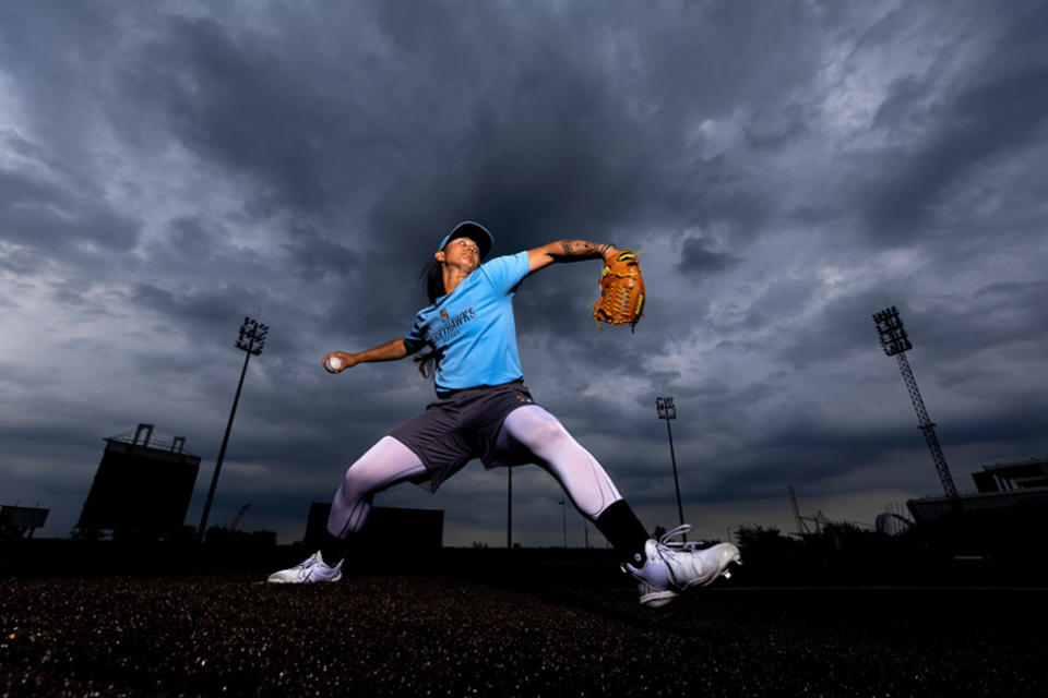 Kelsie Whitmore pitches in the bullpen before her game against the Charleston Dirty Birds at Richmond County Bank Ballpark on July 08, 2022 in Staten Island, New York.