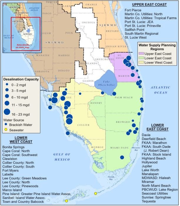 In 2023, there were 40 facilities within the 16-county South Florida Water Management District using groundwater and seawater that need to be processed through desalination to remove salt. Those include Lake Worth Beach, Jupiter and Tequesta.