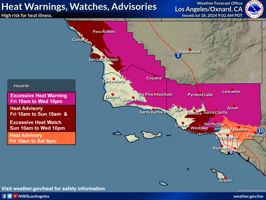 Heat warnings, watches and advisories are shown in Southern California for the weekend of July 19, 2024.
