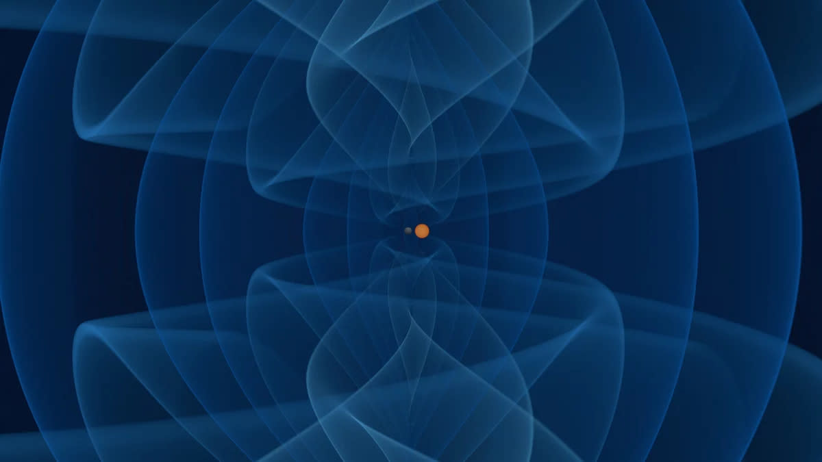  Crazy wavy blue lines swirl around an orange dot. 