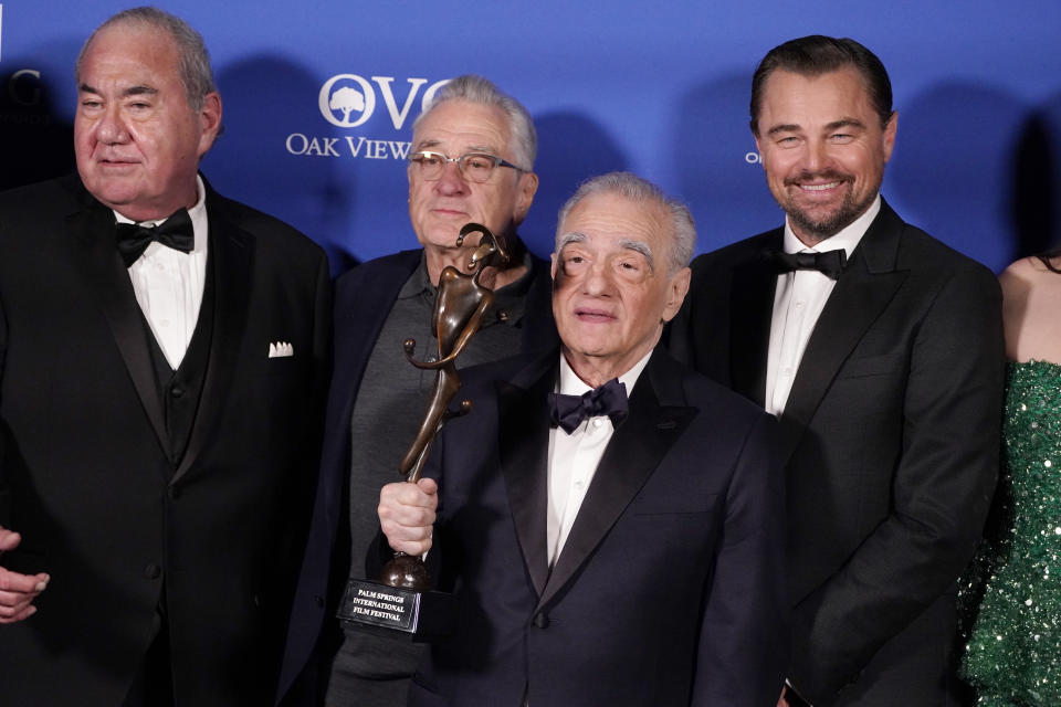 Geoffrey Standing Bear, from left, Robert De Niro, Martin Scorsese, Leonardo DiCaprio, and Lily Gladstone, winners of the vanguard award for "Killers of the Flower Moon, pose in the press room at the 35th annual Palm Springs International Film Festival Awards Gala on Thursday, Jan. 4, 2024, in Palm Springs, Calif. (Photo by Jordan Strauss/Invision/AP)