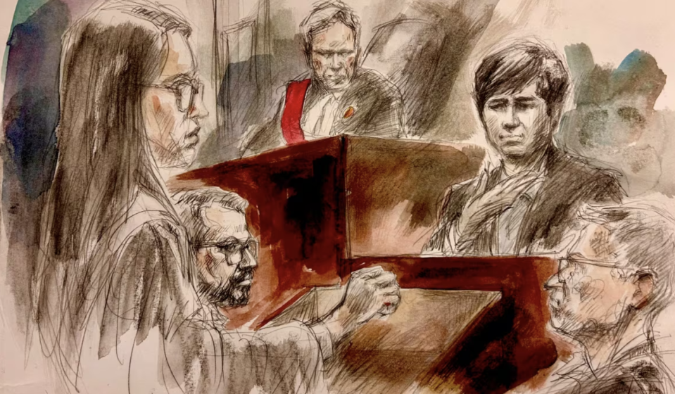 From left to right: Defence lawyer Jessyca Greenwood, defence co-counsel Marco Sciarra, Justice Alfred O’Marra, Dallas Ly and Crown attorney Jaye Spare. Ly testified Wednesday that his mother would abuse him, showing court how his mother struck him in the jaw when he tried to leave their home on the night of March 27, 2022. (Pam Davies/CBC)