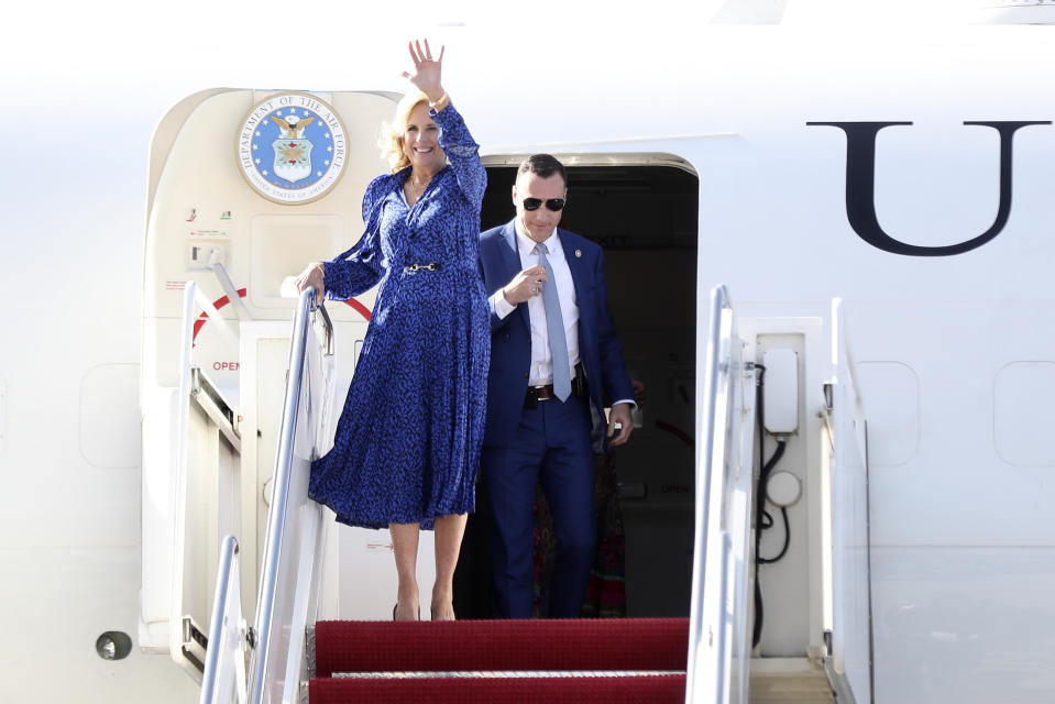 First Lady of the United States Jill Biden, waves as she arrives in Nairobi, Kenya, Friday, Feb.24, 2023 for a three-day visit to the country (AP Photo/Brian Inganga).