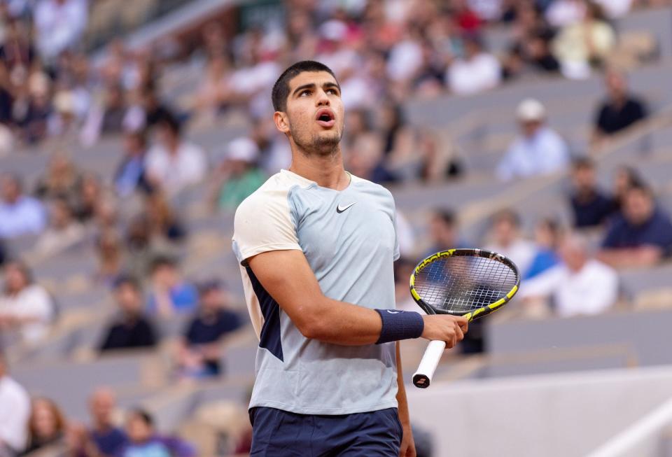 Carlos Alcaraz of Spain during the Men's Singles First Round match against Juan Ignacio Londero of Argentina on Day 1 of The 2022 French Open at Roland Garros in Paris, France